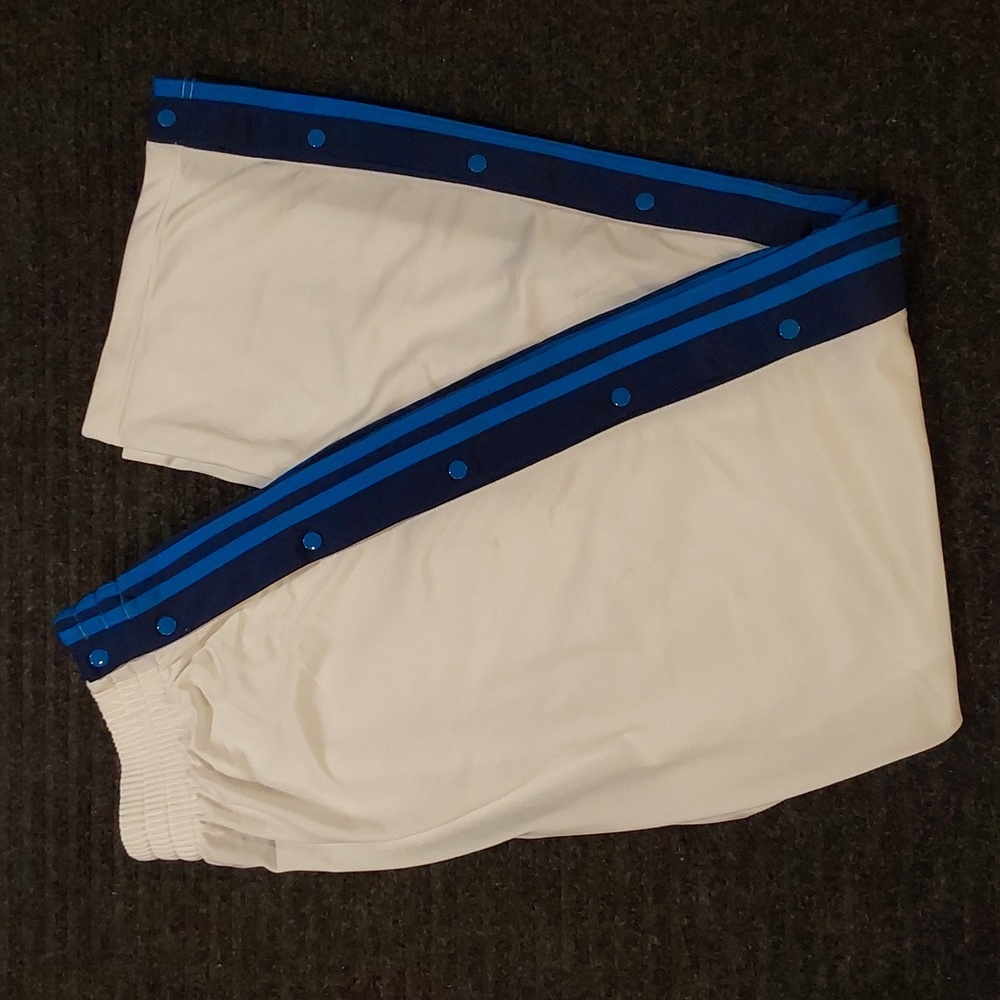 adidas White Track Joggers with Blue Side Stripes